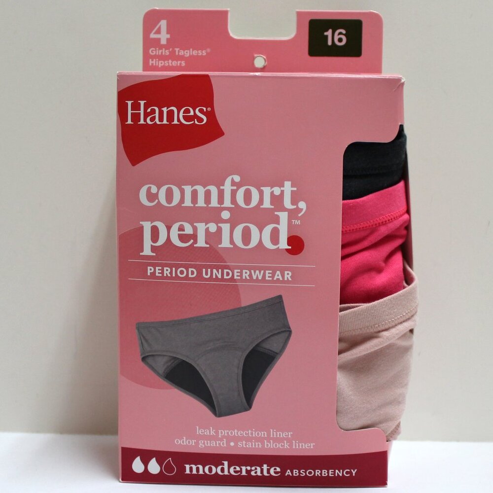 Hanes 4 Pair Girls Tagless Size 16 Hipster Moderate Absorbency Period Underwear